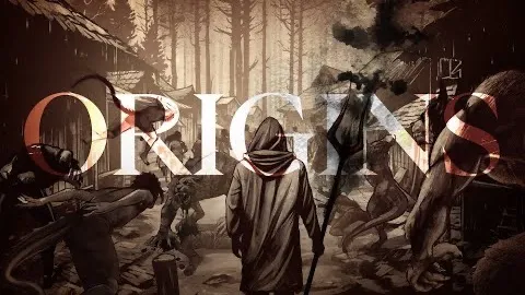 ORIGINS title card, a hooded figure facing a ruined forest village