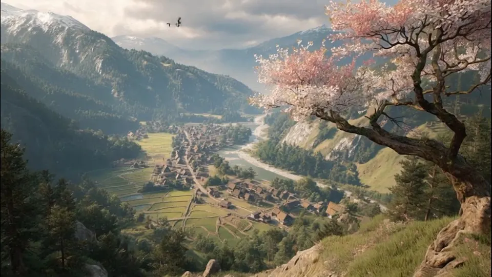 A blossoming tree overlooking a valley village, fully AI-generated